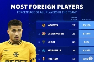 华体会平台入口-德转列外援占比最高球队：狼队压药厂居首，马赛、利物浦在列